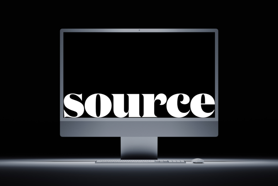 Modern desktop monitor mockup displaying 'source' in bold serif lettering