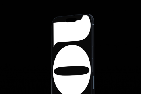 Dark smartphone mockup with minimalist chat bubbles design on screen