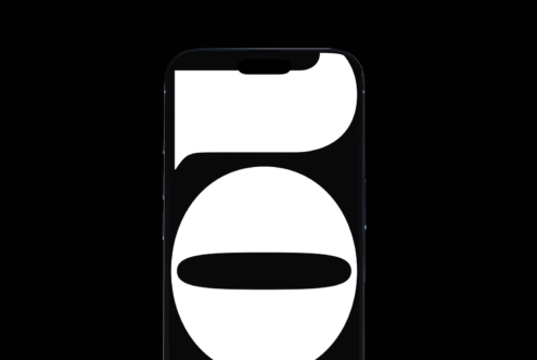 Dark smartphone mockup displaying abstract conversation bubble layout