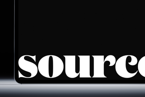 Phone screen mockup with 'source' text in clean serif typography centered