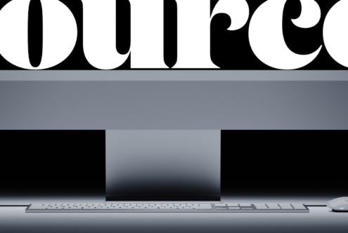 Laptop mockup with large 'source' text in classic serif font on screen