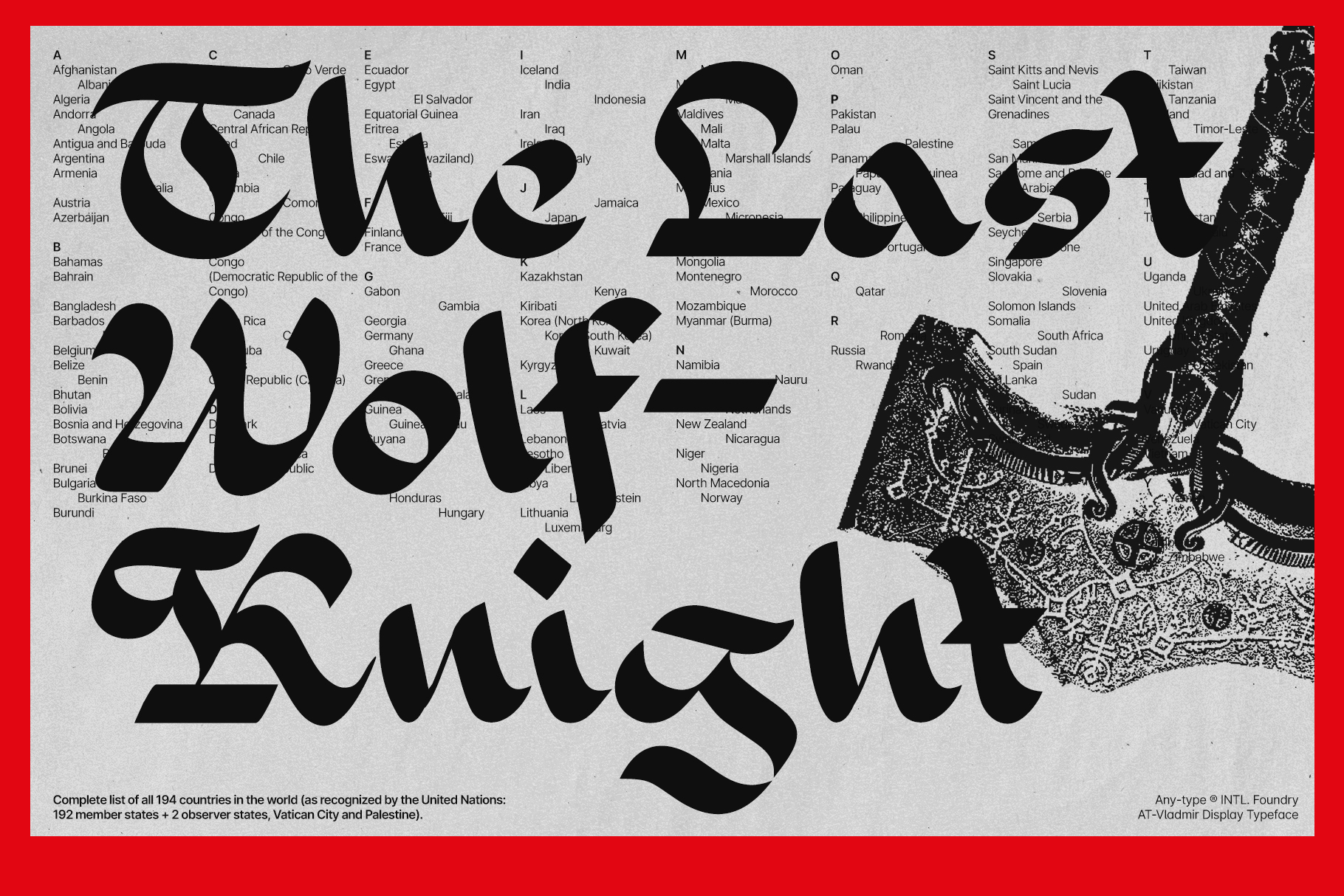 World map typography showing 194 countries listed across display typeface