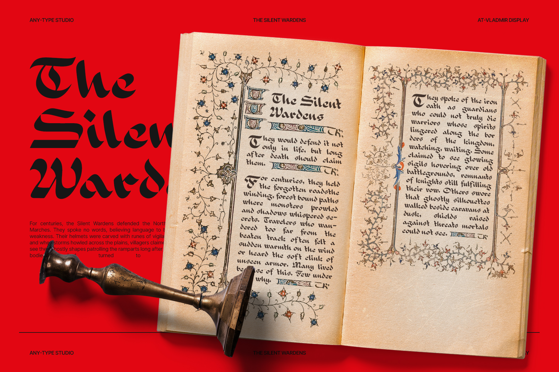 Open illuminated manuscript with ornate borders, brass dagger resting on pages