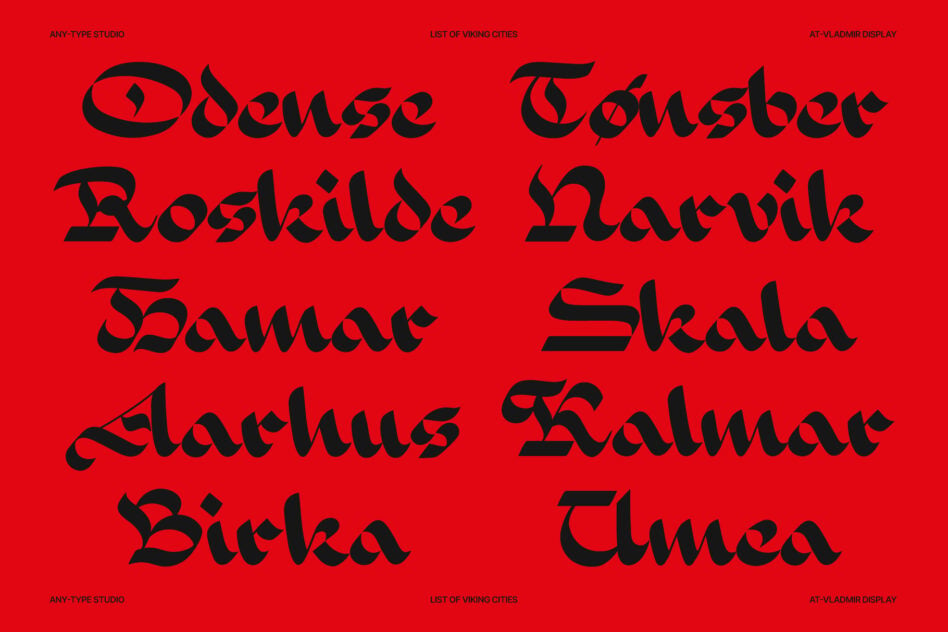 Black decorative type showing Viking city names arranged in flowing layout