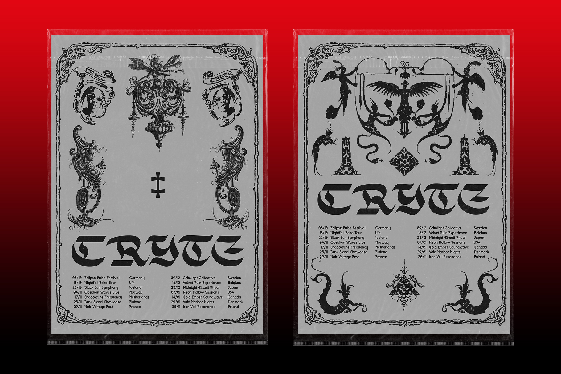 Two ornate poster designs with demonic imagery in black on gray