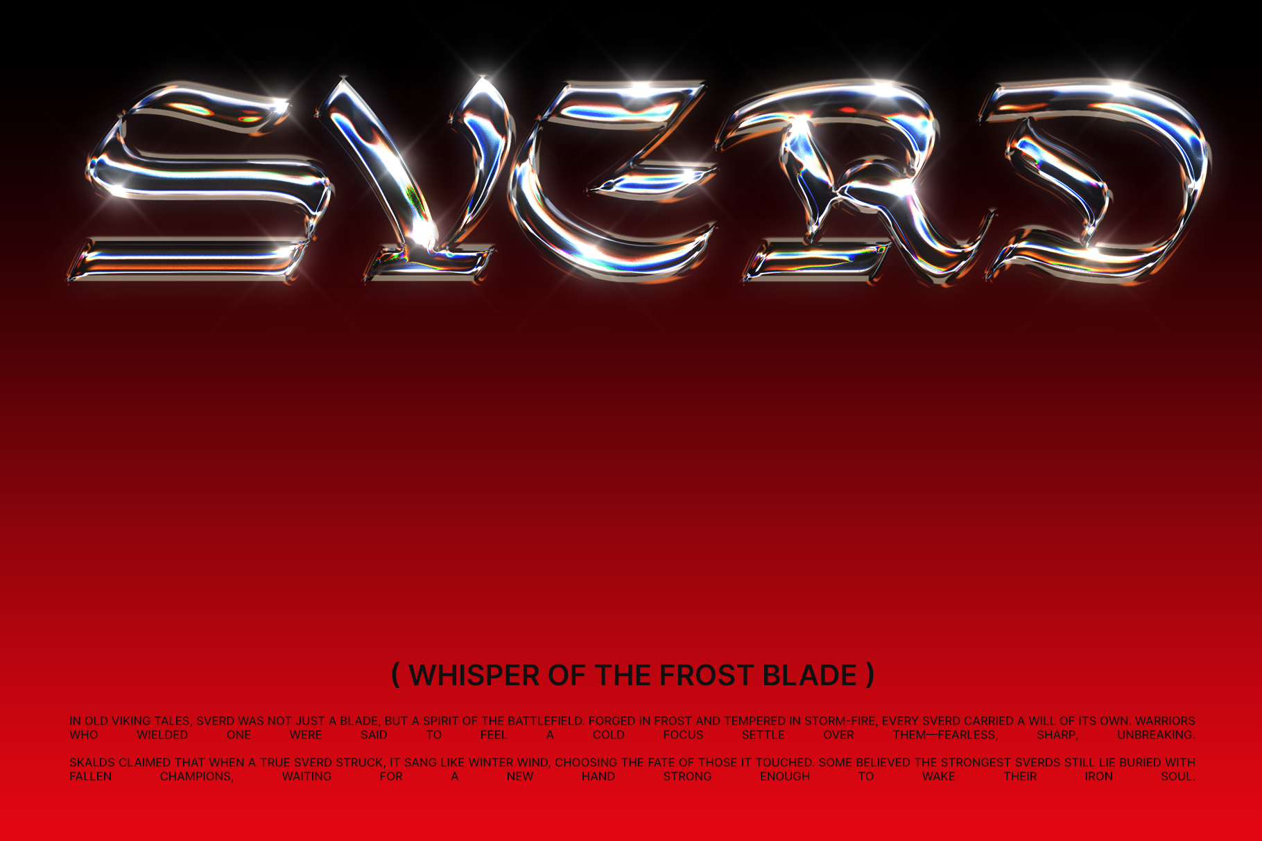 Chrome liquid metal text with rainbow shimmer effect on dark red background