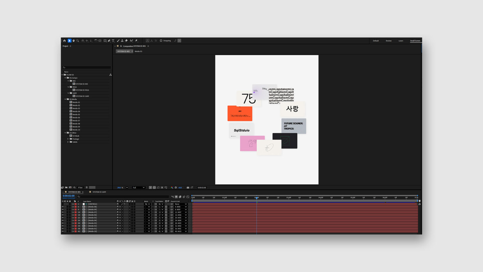 Adobe Dimension interface showing design project with colorful text blocks arranged on canvas