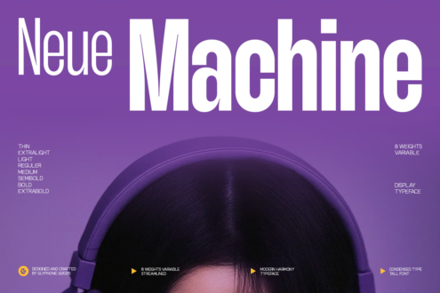 Neue Maschine display font sample on vibrant purple background with 8 weight variations listed