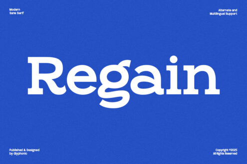 Regain typeface modern serif font on blue background single word display