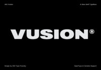Vision sans serif typeface in white with registered mark on black