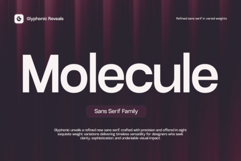 Molecule sans serif typeface showcase on textured purple background with font description