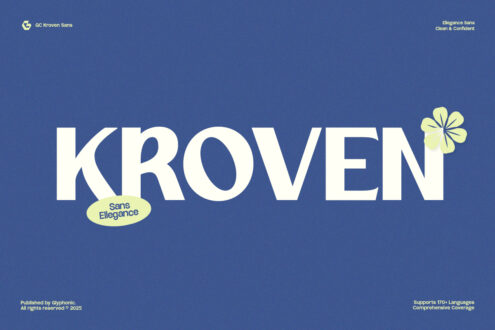 Kroven Sans typeface with yellow flower accent on blue