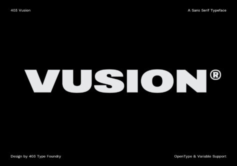 Vision sans serif typeface in white with registered mark on black