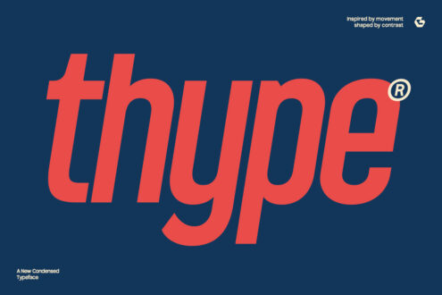 Large red condensed sans serif word type on dark navy blue background with registered trademark symbol