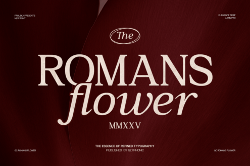 Romans Flower serif typeface displayed in cream with ornate oval badge on deep burgundy texture