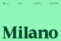 Large serif typeface sample word Milano in dark green on mint background