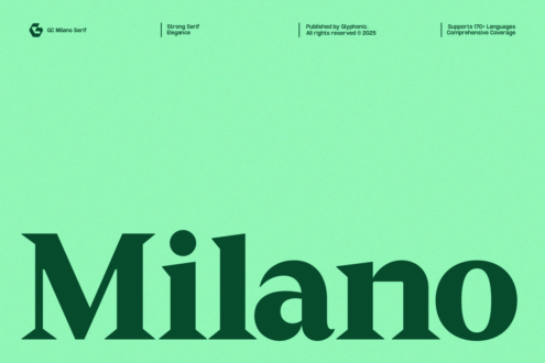 Large serif typeface sample word Milano in dark green on mint background