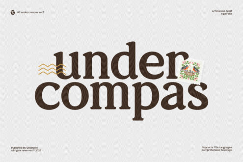 Under compas serif typeface name with decorative compass ornaments on wavy background