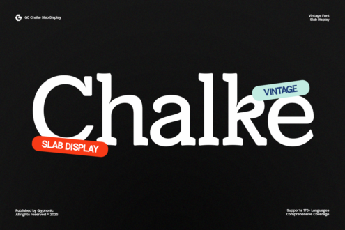 Chalke vintage slab display font large letterforms on black with labels