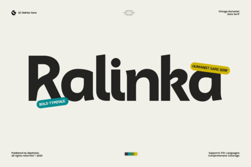 Ralinka bold sans serif typeface showing large black letters with yellow humanist label