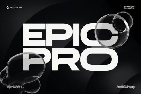 Epic Pro sans typeface in white with glass sphere graphic overlays