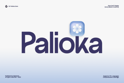 Pallioka typeface with blue flower badge accent on light background