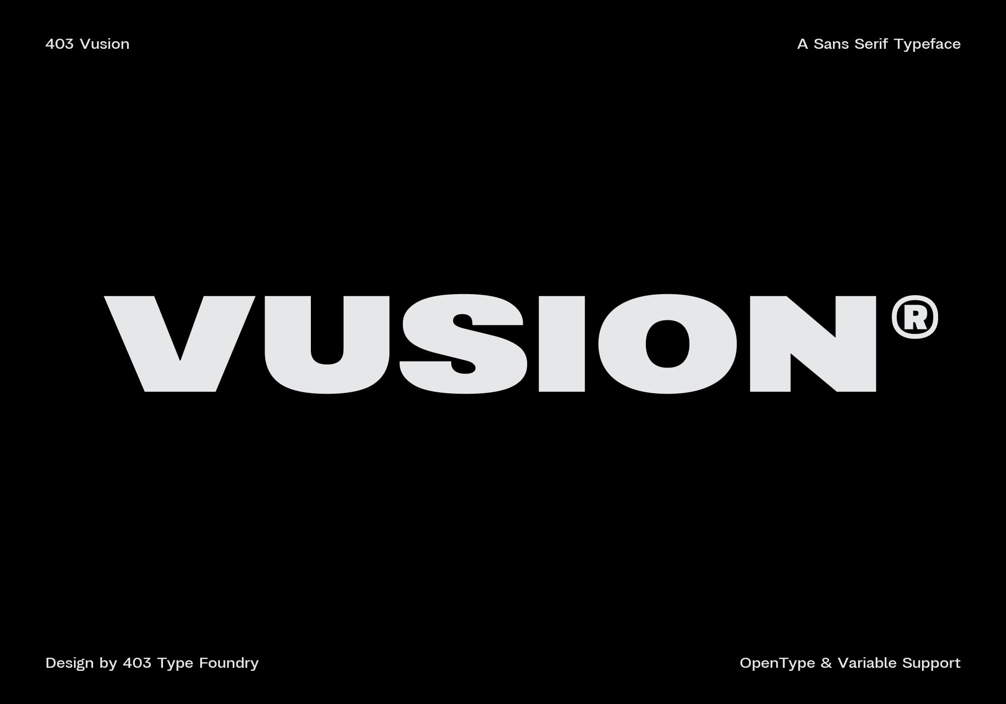 Vision sans serif typeface in white with registered mark on black