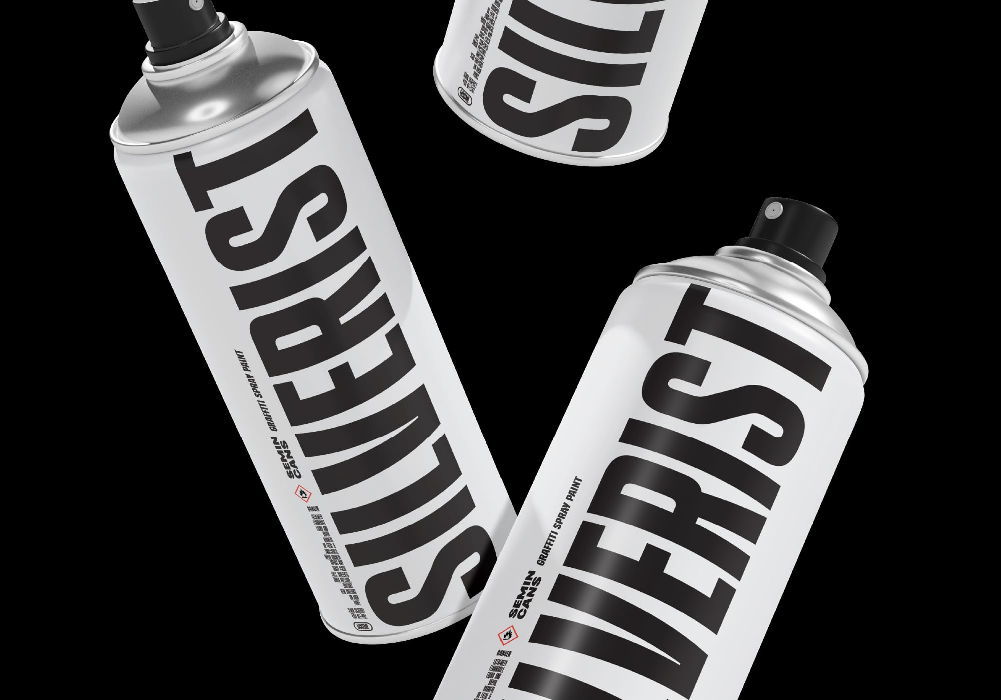 Three white spray paint cans arranged showing bold striped lettering on black labels