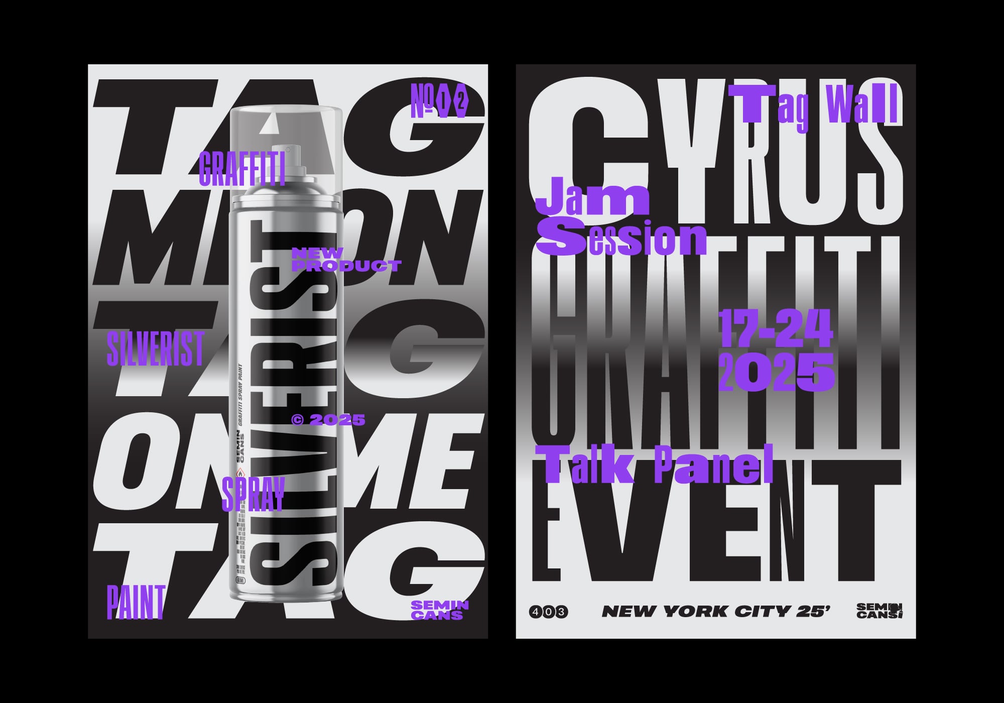 Two posters with spray can, bold typography mixing black, white, purple text overlay