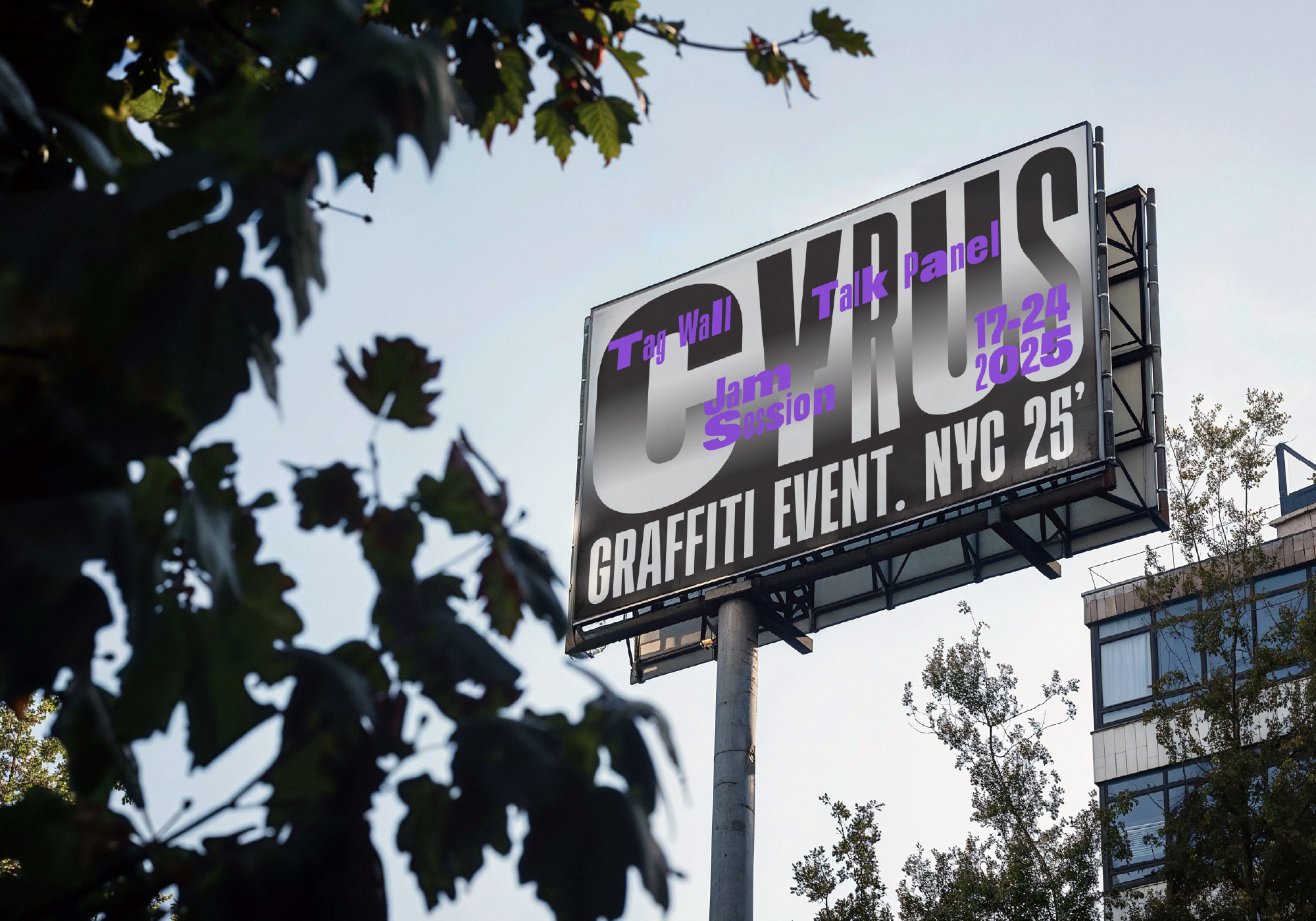 Outdoor billboard with large CYRUS letters, purple talk panel text, trees in foreground