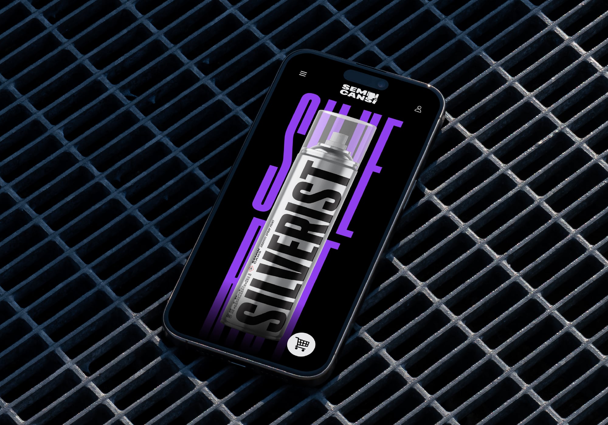 Phone screen showing spray paint can with purple neon text overlay on dark background