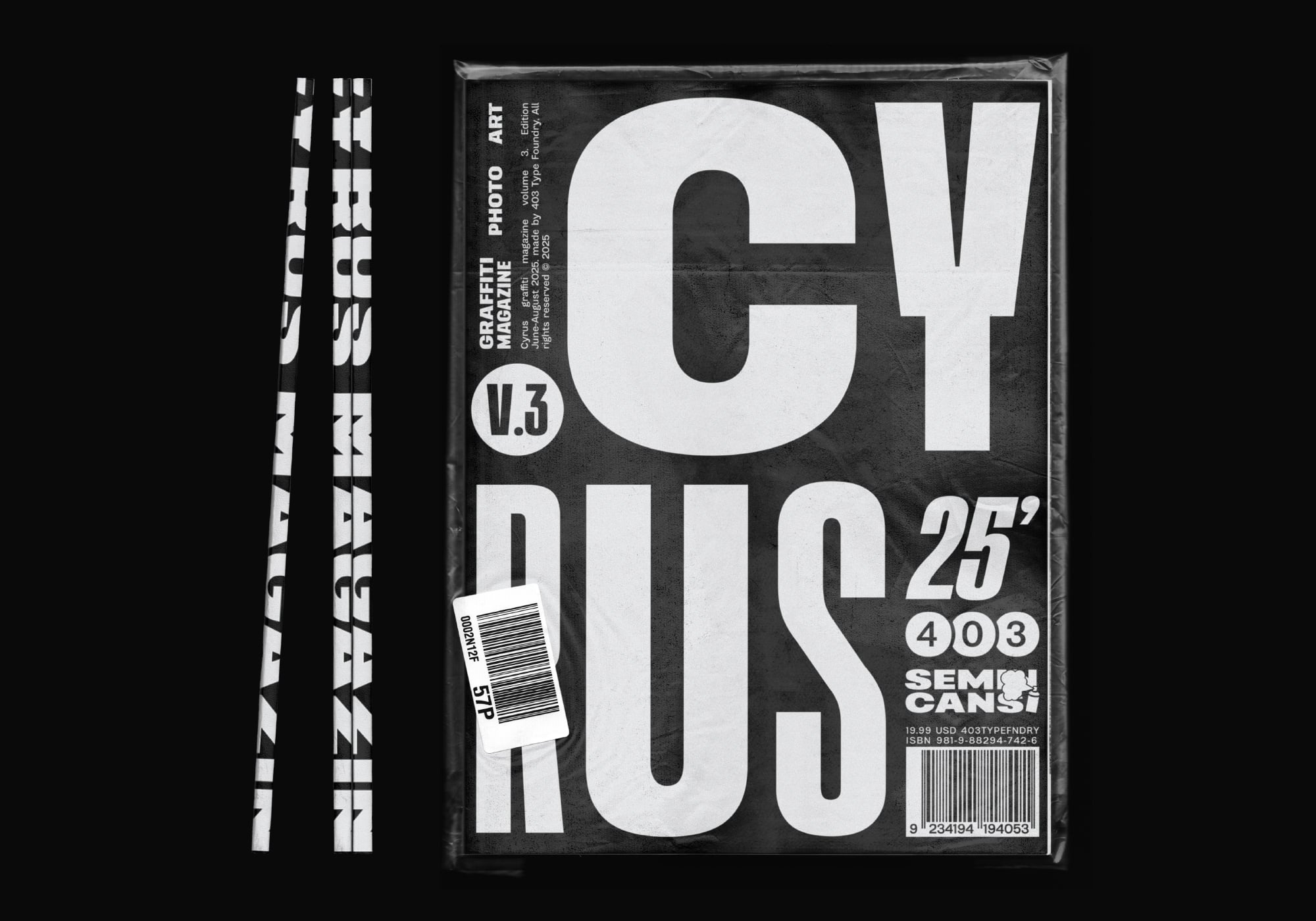 Black magazine cover with oversized white letters spelling OUTS, version 1.3