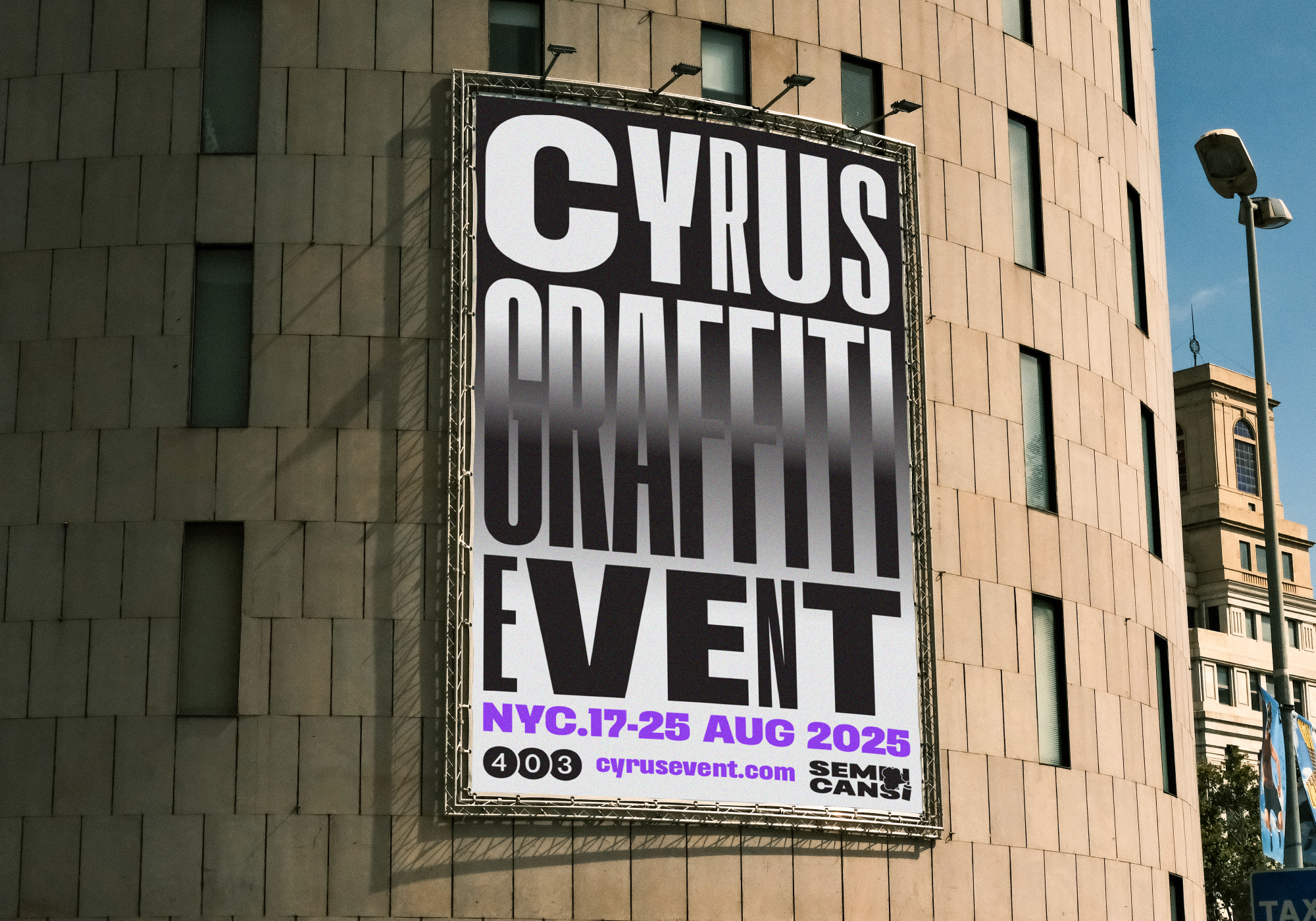 Outdoor billboard mockup with striped font reading CYRUS OMAHII EVENT on building