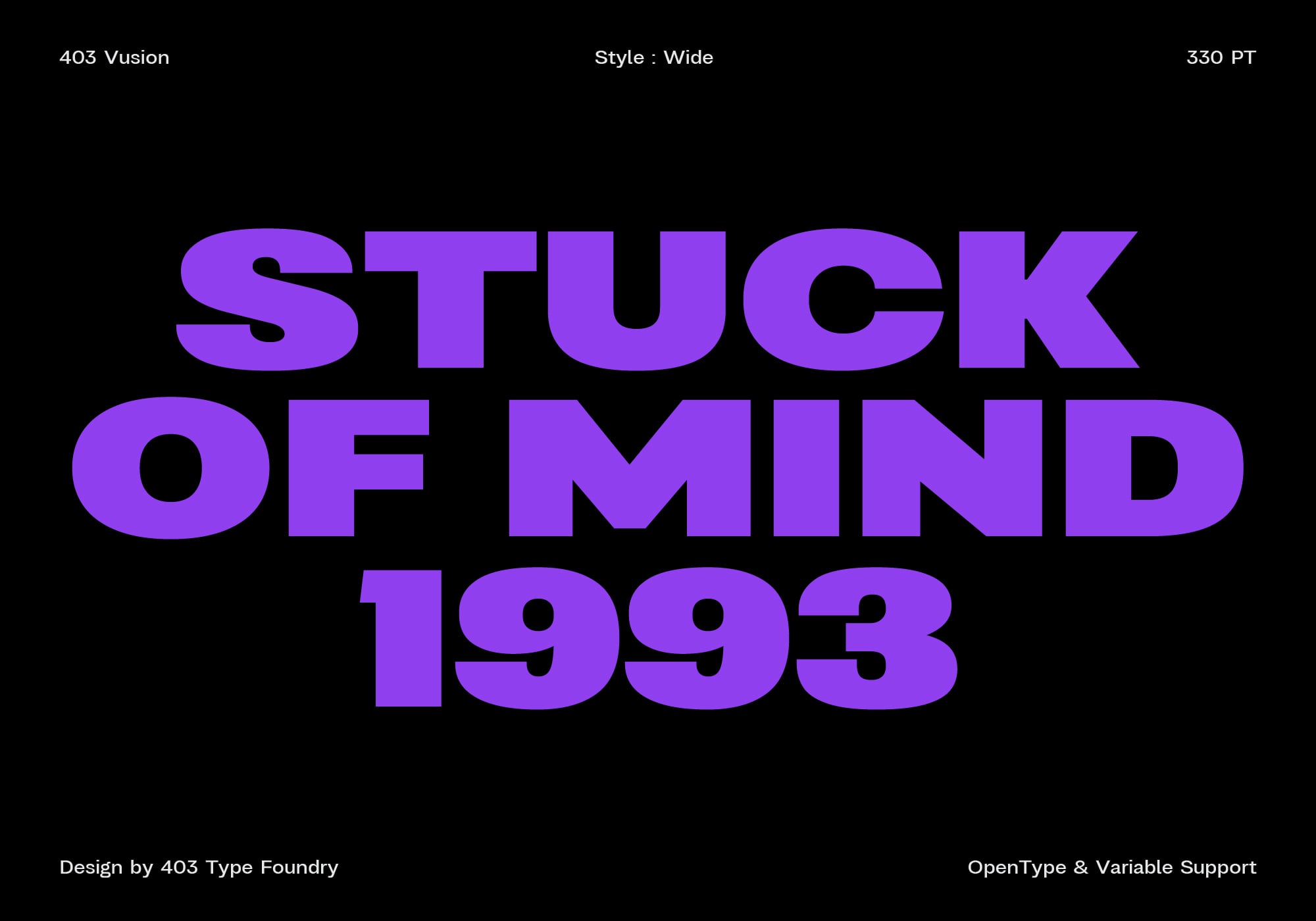 403 Vision font in wide style, bold purple letters on black background