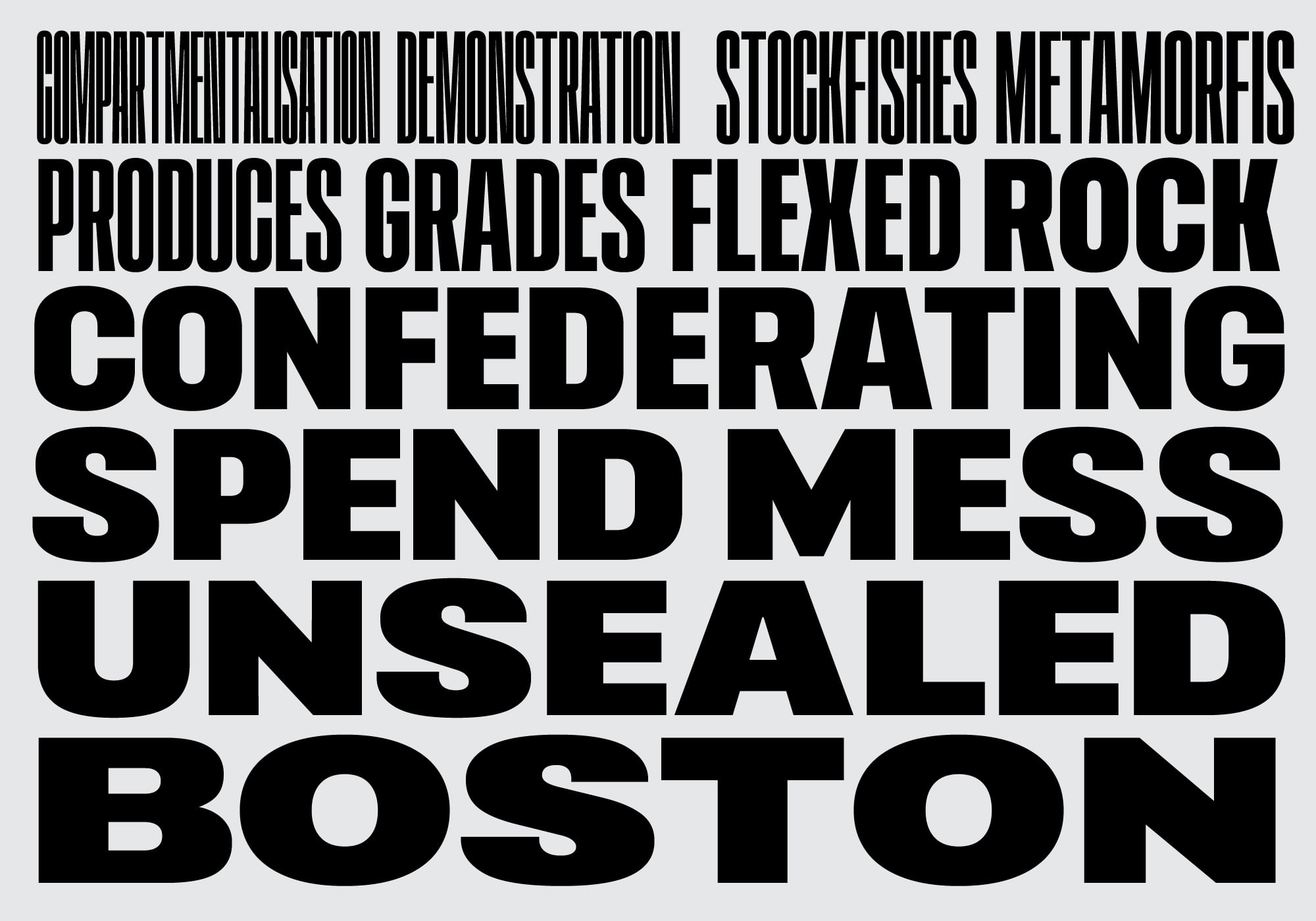 Bold black sans serif text on light gray reading prodiuces grades flexed rock confederating spend mess unsealed boston
