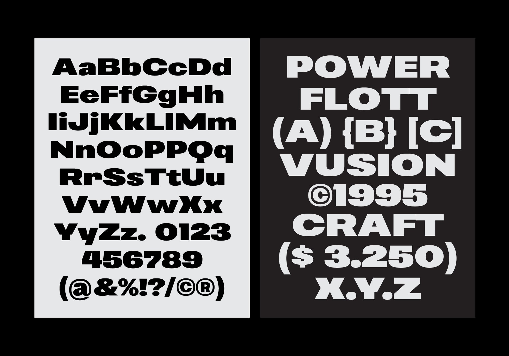 Split panel showing font character set left side, power flott vision craft right side