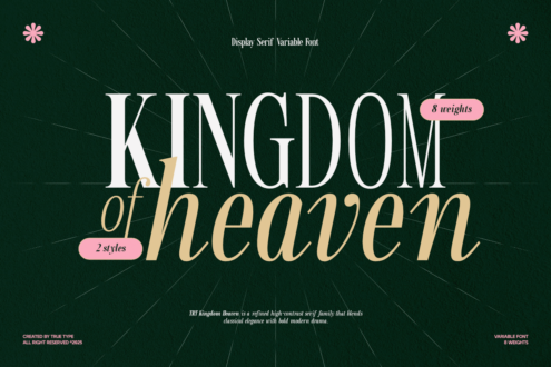 Kingdom of Heaven display serif font with 8 weights across radiating green background