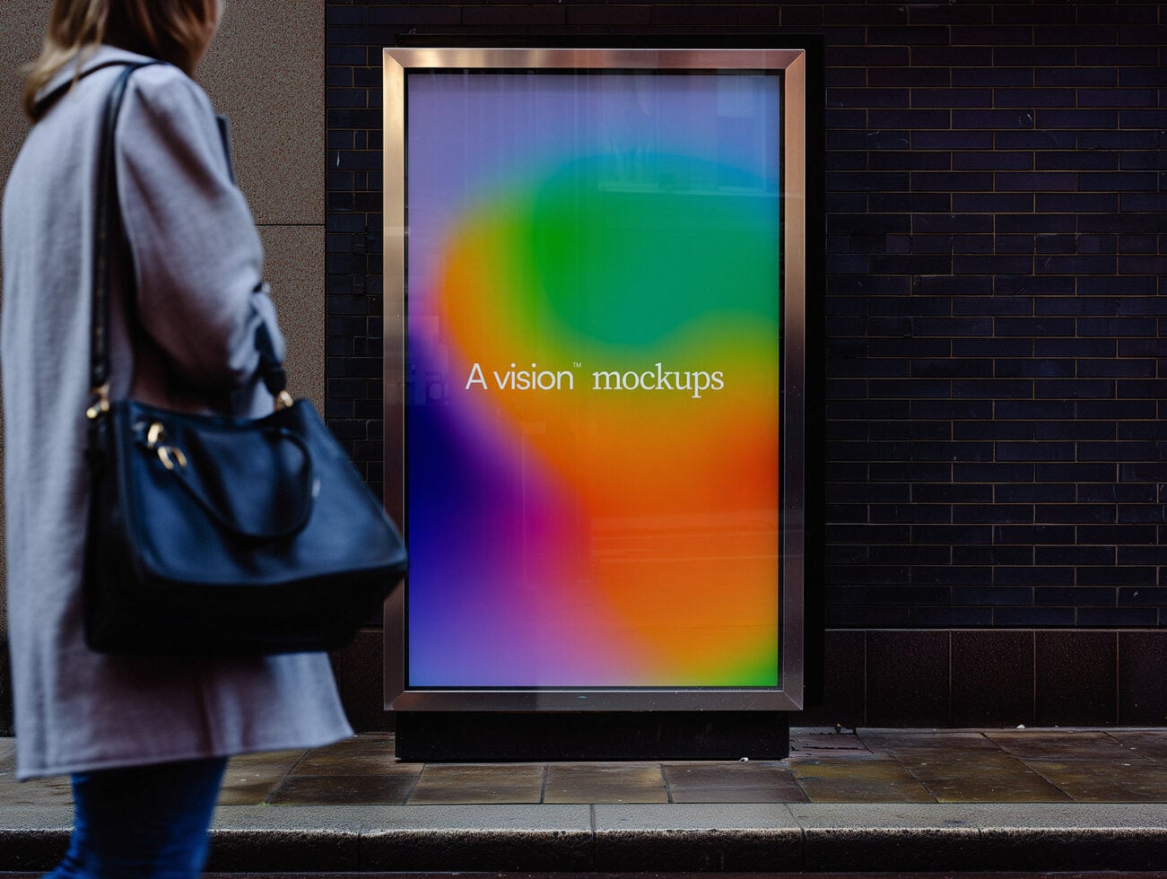 Person with blue backpack viewing street display with vibrant gradient mockup