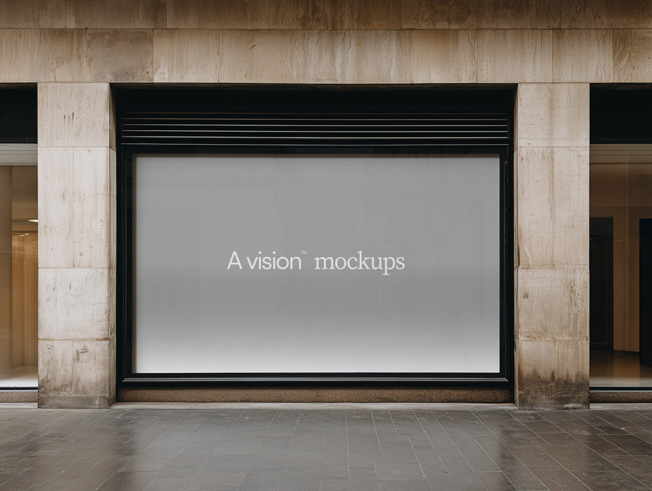 Storefront display screen with light gray background showing A vision mockups text