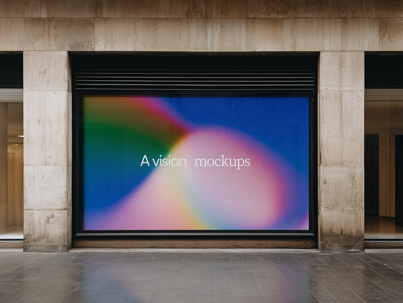 Large storefront display screen showing vibrant gradient with A vision mockups text