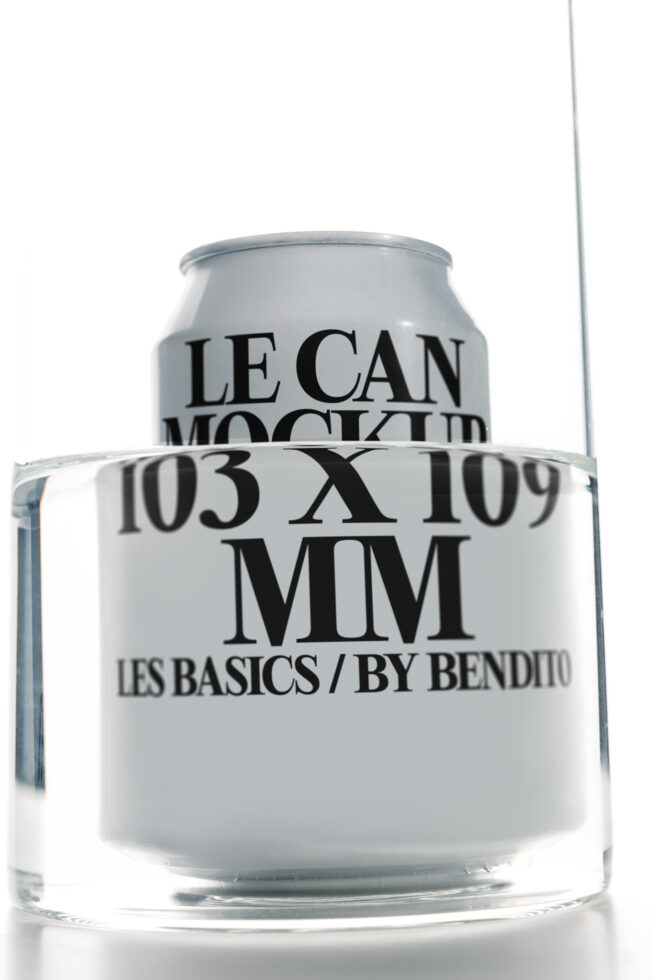 Frosted aluminum can mockup in glass showing dimension specifications