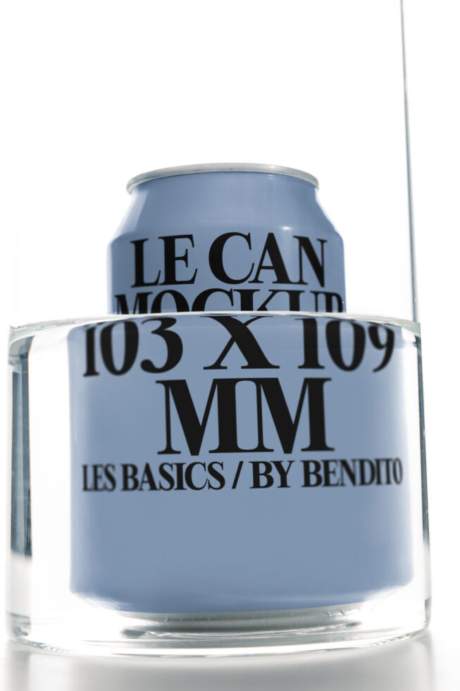 Blue aluminum can mockup displayed in glass with measurement dimensions