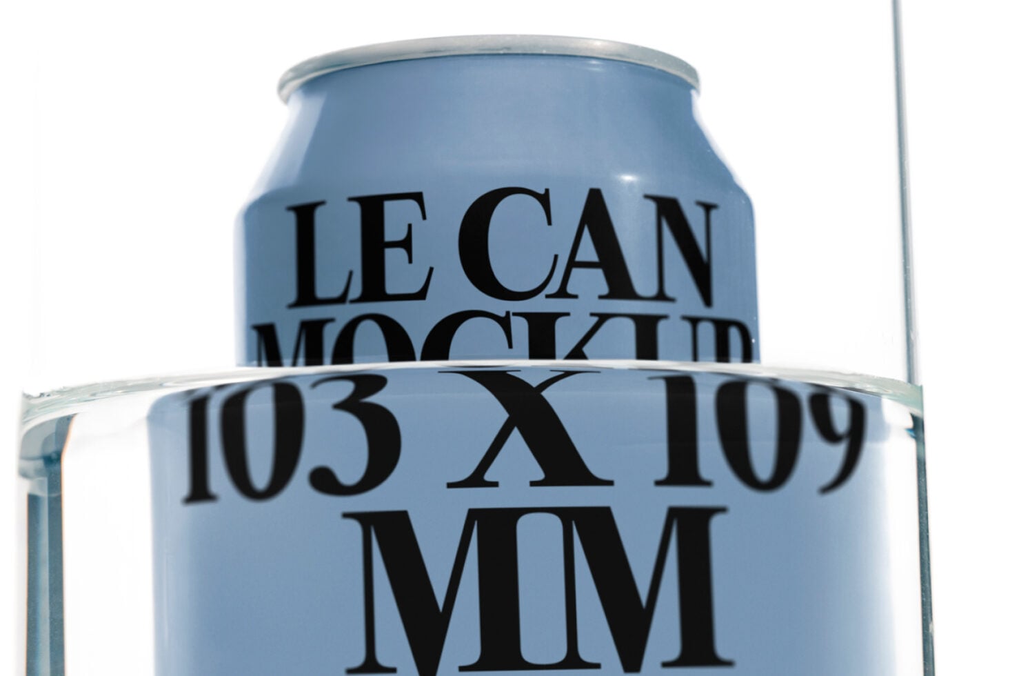 Blue aluminum beverage can mockup sitting in clear glass container