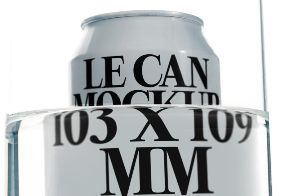 Pale aluminum can mockup positioned in glass with size markers visible