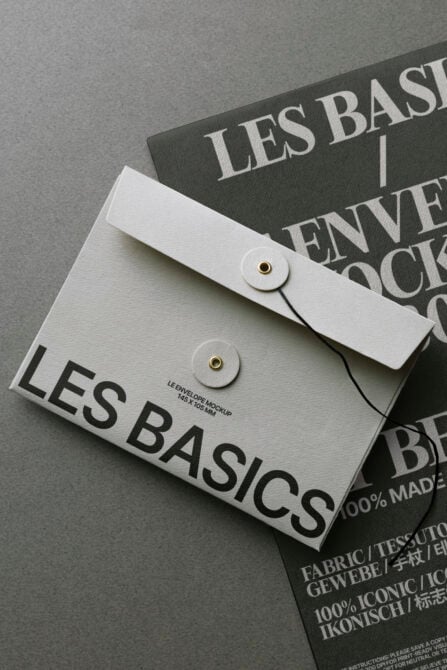 Ivory envelope mockup with brass snap button layered on typography samples in professional setting