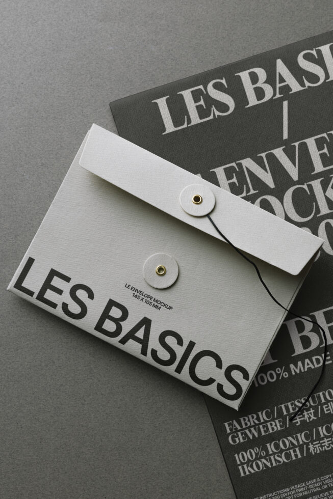 Ivory envelope mockup with brass snap button layered on typography samples in professional setting