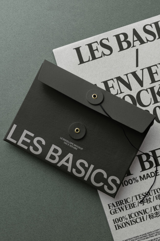 Black envelope mockup with gold button closure overlaying printed collateral on minimalist background