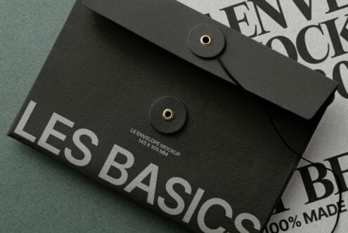 Dark charcoal envelope with dual metal buttons displayed on scattered brand materials, overhead shot