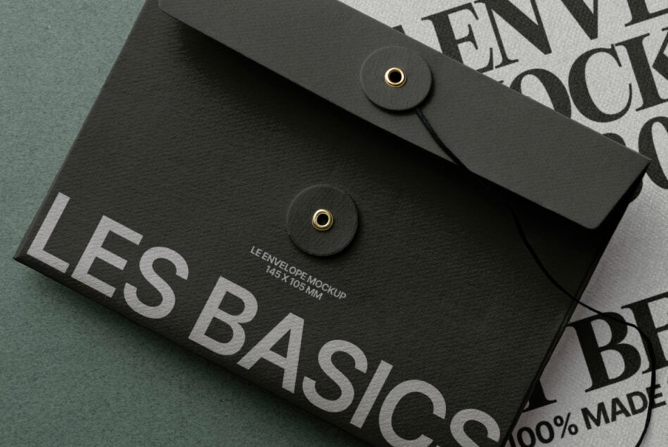 Dark charcoal envelope with dual metal buttons displayed on scattered brand materials, overhead shot