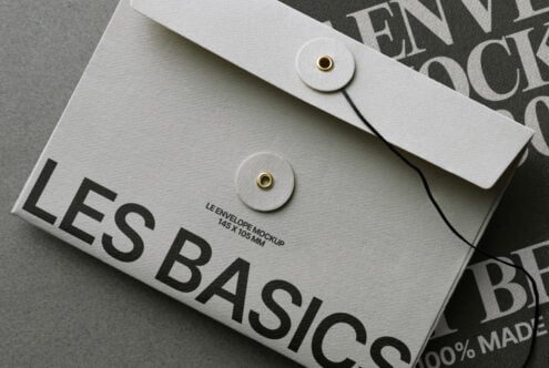Cream envelope with brass closure on stacked branded documents showing design system application